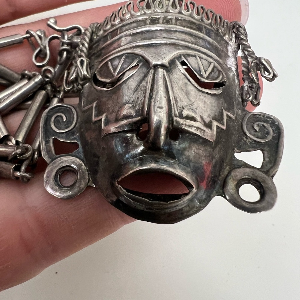 Sterling Silver Tribal Mask Pendant Brooch Necklace